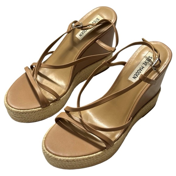Steve Madden Whitlee Wedge Espadrille Sandals Tan Round Toe Summer 8.5 - Picture 1 of 6